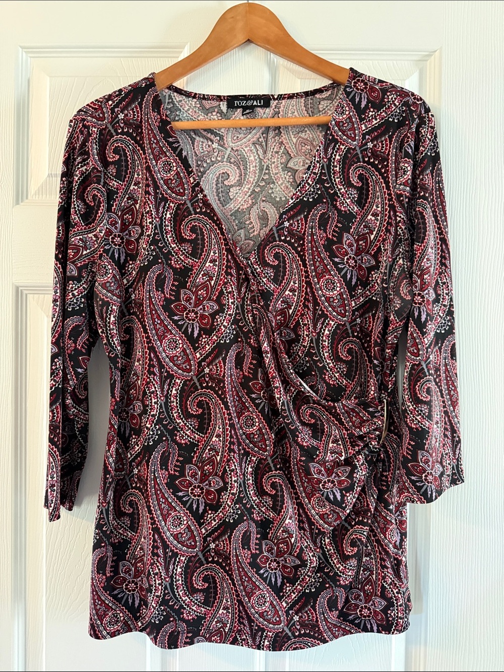 Roz & Ali Black and Burgundy Paisley Wrap-Front Blouse
